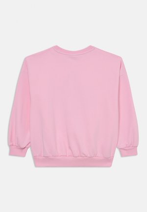 Pink sweatshirt with a crew neck, elastic cuffs, and waistband. Soft fabric with a smooth texture, featuring a simple design and no patterns.