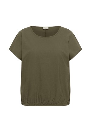 Olive green short-sleeve blouse with round neckline and elasticized hem, designed for casual wear.