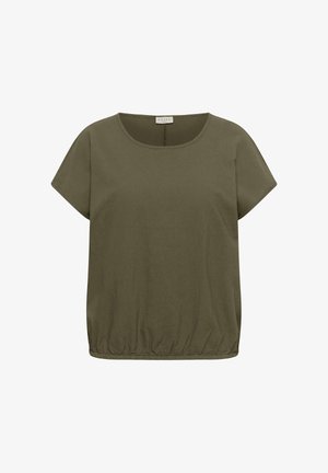 Olivengroene blouse met korte mouwen, ronde halslijn en elastische zoom, ontworpen voor casual gebruik.