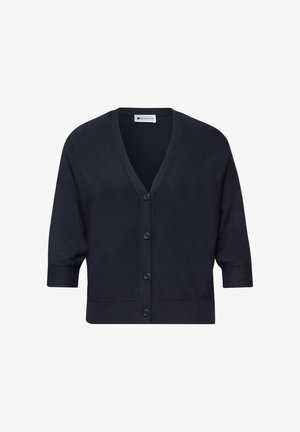 Marineblauw cropped vest met V-hals, knoopsluiting aan de voorkant en ellebooglange mouwen, gemaakt van een zachte gebreide stof.