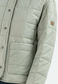 Hellgraue Pufferjacke mit einem gesteppten Design, Druckknöpfen, einem Logo-Patch auf der Brust und einer großen Fronttasche. Glatte, glänzende Textur.