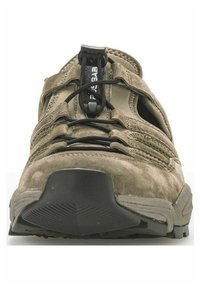 Khaki Wildlederschuh für Wanderungen mit schwarzer Gummisohle, Schnürdesign und Belüftungslöchern. Verfügt über einen sicheren Zugverschluss für eine einfache Anpassung.