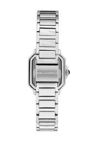 Silberne Metalluhr mit einem achteckigen Gehäusedesign, polierter Oberfläche und Gliederarmband. Verfügt über ein schwarzes Zifferblatt und das Logo "KARL LAGERFELD."