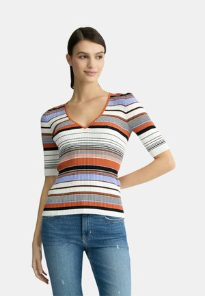 Top a maniche corte a coste con scollo a V, righe orizzontali multicolori in arancione, nero, bianco e lavanda. Design fitted.