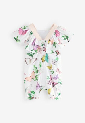 Monos de bebé de flores en tela blanca con estampados de mariposas multicolores, mangas con volantes y tirantes ajustables en suave rosa.
