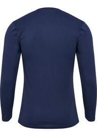 Granatowa bluzka z długim rękawem, wykonana z gładkiego, elastycznego materiału. Posiada okrągły dekolt i dopasowany krój, bez widocznych logo czy wzorów.