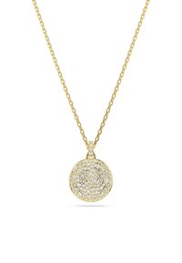 Kuldne keti kaelakee, millel on ümmargune ripats, mis on kaunistatud paljude selgete kristallidega, luues tekstuurse ja särava pinna.