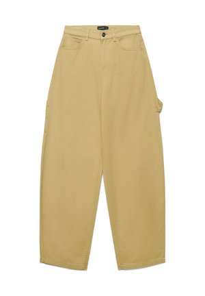 Pantaloni beige a gamba larga con tasche frontali e laterali, passanti per cintura e chiusura con bottone in vita.