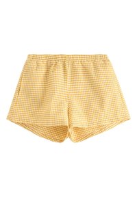 Gula rutiga shorts med elastisk midja, med en avslappnad passform och sidofickor. Tyget är lätt och texturerat.