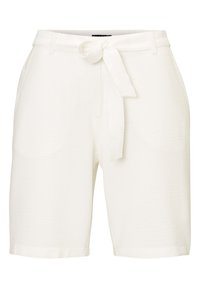 Shorts blancs ajustés en tissu texturé, avec une taille à lien, deux poches latérales et une coupe décontractée.