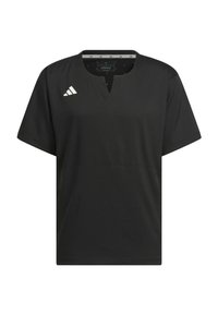 T-shirt de sport Adidas noir à manches courtes avec un petit logo blanc sur la poitrine droite et un col en V.