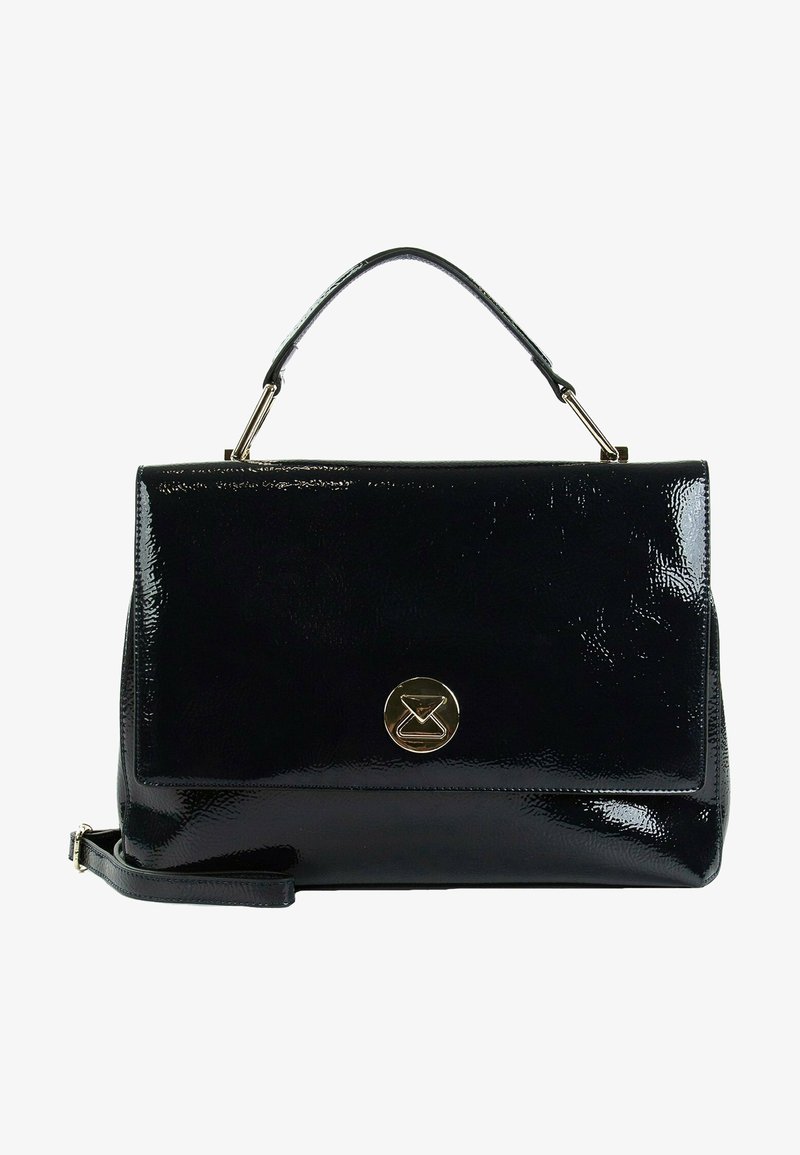 Sac à main en cuir verni noir au design structuré, avec des détails en métal doré circulaires, une poignée supérieure et une bandoulière amovible. Texture lisse et brillante.