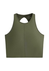 Ärmelloses, olivgrünes, kurz geschnittenes Sporttop mit hohem Kragen und kleinem Ausschnitt am Rücken.