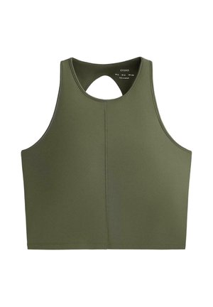 Top sportivo verde oliva senza maniche, corto, con scollo alto e piccolo taglio a goccia sul retro.