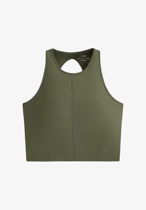 Top sportivo verde oliva senza maniche, corto, con scollo alto e piccolo taglio a goccia sul retro.