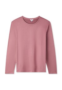 Długo rękawowa bluzka z miękkiego, jasnoróżowego materiału. Posiada okrągły dekolt i prosty krój, bez widocznych wzorów czy zdobień.