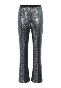 Glittering silver sequin pants with a flared design and elastic waistband, featuring a smooth texture and a sleek silhouette.