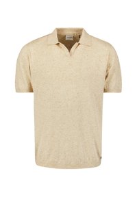 Korte mouwen, lichtbeige polo shirt van een textuurstof, met een platte kraag en een lichte V-halsopening. Geen zichtbare patronen of versieringen.