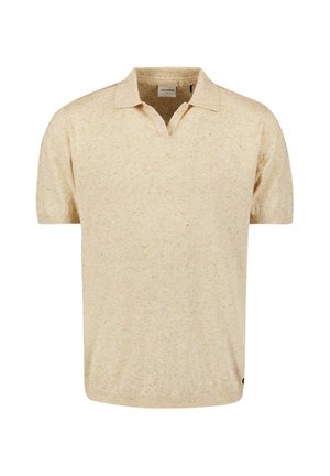 Korte mouwen, lichtbeige polo shirt van een textuurstof, met een platte kraag en een lichte V-halsopening. Geen zichtbare patronen of versieringen.