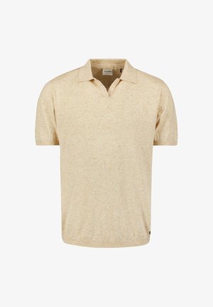 Korte mouwen, lichtbeige polo shirt van een textuurstof, met een platte kraag en een lichte V-halsopening. Geen zichtbare patronen of versieringen.