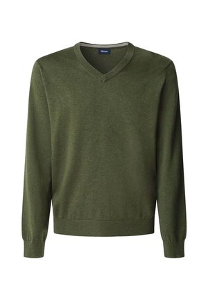 Zielony sweter w serek, dzianinowy materiał, długie rękawy, prążkowane mankiety i dół, gładka tekstura oraz prosty, klasyczny design.