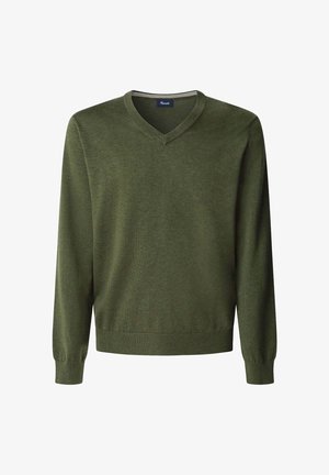 Maglione verde a scollo a V, tessuto lavorato a maglia, maniche lunghe, polsini e bordo a costine, texture liscia e un design semplice e classico.