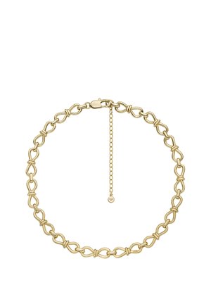 Guldhalskæde med sammenlåste løbedesigns, en lås med hummerklør og en justerbar forlængelseskæde. Glat, metallisk finish.