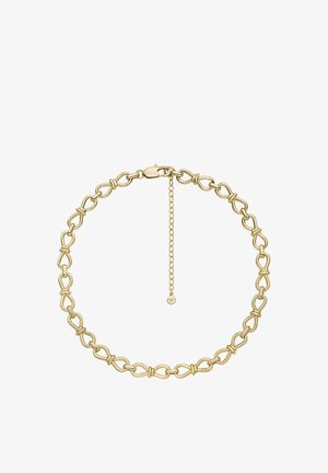 Collar de cadena de oro con diseños de eslabones entrelazados, cierre de langosta y cadena de extensión ajustable. Acabado metálico y liso.