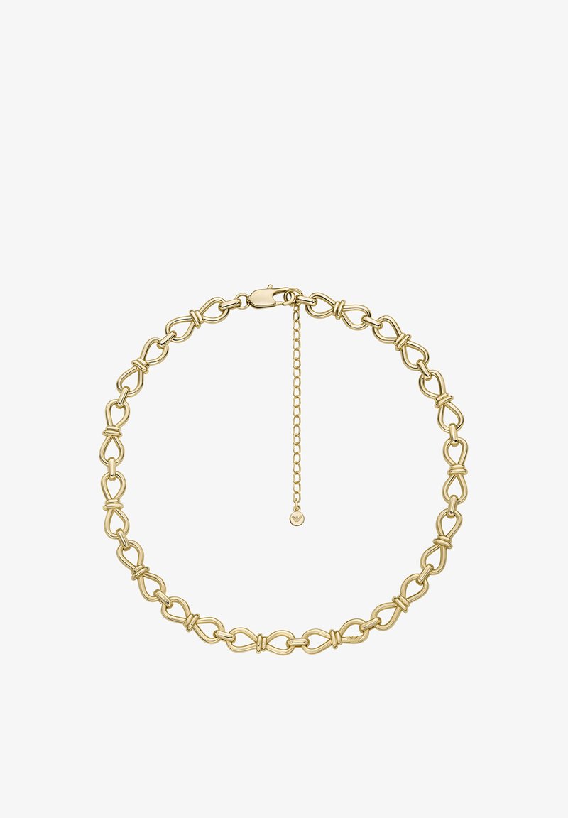 Collier en chaîne d'or avec des motifs de boucles entrelacées, une fermeture à mousqueton et une chaîne d'extension réglable. Finition métallique lisse.