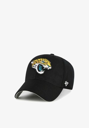 Black baseball cap with a roaring yellow and black jaguar logo on front and white '47 embroidered on side.