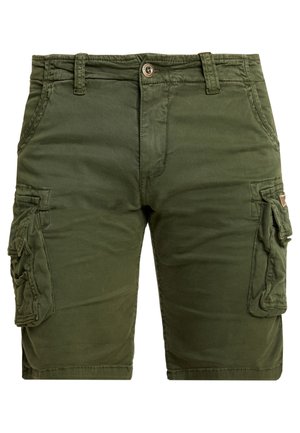 Shorts cargo pour hommes de couleur vert olive, avec passants pour ceinture, bouton à l'avant, fermeture éclair, deux poches latérales et deux poches à rabat sur les cuisses.