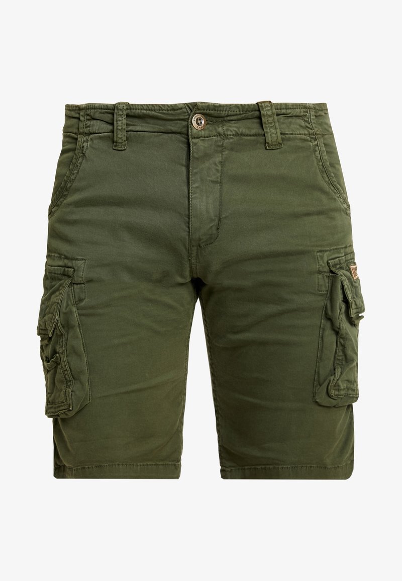 Shorts cargo pour hommes de couleur vert olive, avec passants pour ceinture, bouton à l'avant, fermeture éclair, deux poches latérales et deux poches à rabat sur les cuisses.