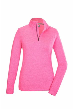 Rosa Halb-Reißverschluss-Pullover mit langen Ärmeln. Hergestellt aus strukturiertem Stoff, mit Stehkragen und kontrastierenden Reißverschlussdetails.