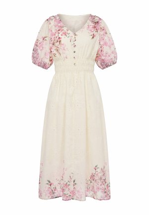 Kremfarvet midi-kjole med lyserøde blomsterprint, puffede ærmer, V-hals, knapper foran og detaljeret talje med rynkninger.