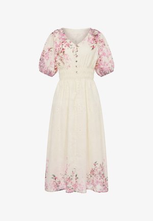 Vestito midi crema con stampe floreali rosa, maniche a sbuffo, scollo a V, bottoni frontali e dettaglio in vita arricciata.