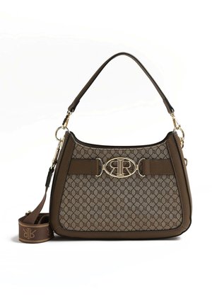 Brązowa torebka z wzorem, z ciemnymi skórzanymi wykończeniami, złotą klamrą z podwójnym logo R, uchwytem na górze oraz odpinanym paskiem na ramię z detalami logo.