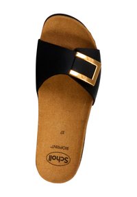 Pantofole nere con una larga fascia e un cinturino color oro. Suola in sughero e suola piatta. Taglia 37 indicata sul fondo.