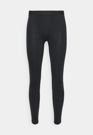 Leggings neri con una trama liscia, dotati di una larga vita elasticizzata e di un design attillato; senza motivi o accenti visibili.