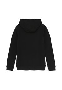 Zwarte hoodie met een zachte textuur, voorzien van een voorste kangoeroezak, ribgebreide manchetten en zoom, en een capuchon met trekkoord.