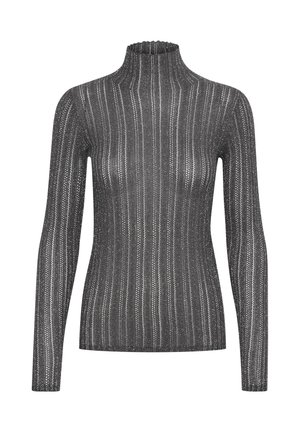 Sivý dlhý sveter s rolákom a rebrovanou štruktúrou, s vertikálnymi pruhmi vylisovanými a priliehavým strihom.