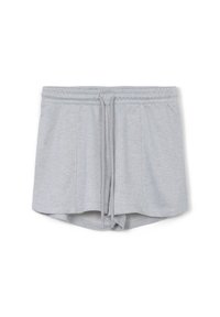 Pantaloni corti in cotone grigio chiaro con cintura elastica e coulisse. Presentano una vestibilità comoda e una texture morbida e liscia.