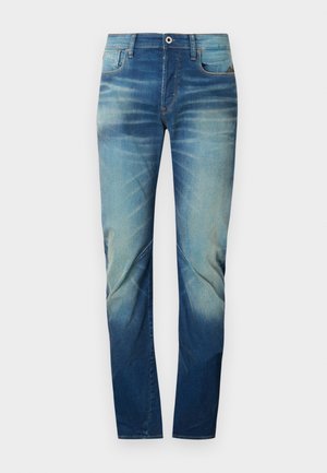 Denim jeans with a gradient blue color scheme, featuring a classic five-pocket design, sturdy stitching, and a button closure at the waist.