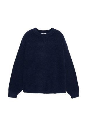 Maglione a maglia blu navy realizzato in un tessuto morbido, caratterizzato da un collo a giro e maniche ampie, con una vestibilità rilassata e senza motivi o accessori visibili.