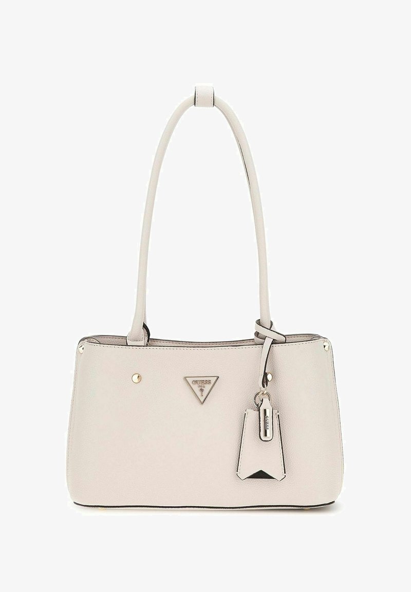 Τσάντα χειρός από ανοιχτό γκρι δέρμα με δομημένο σχήμα, διπλές επάνω λαβές, τρίγωνο λογότυπο και αποσπώμενη ετικέτα. Λεπτομέρειες από χρυσούς μεταλλικούς τόνους.