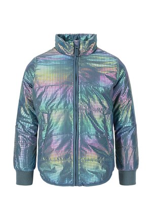 Iridescent oppustelig jakke med høj krave, der har en lynlås foran, to lynlåslommer og en struktureret diamantmønstret overflade.