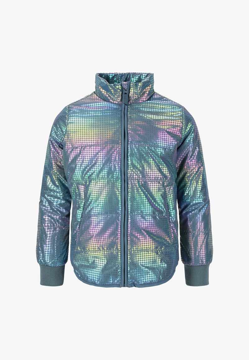Iridescent oppustelig jakke med høj krave, der har en lynlås foran, to lynlåslommer og en struktureret diamantmønstret overflade.