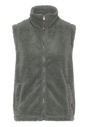 Chaleco de forro polar en gris oscuro con cuello alto, cierre de cremallera y dos bolsillos laterales. Textura suave con un aspecto aterciopelado y detalles de acento en cuero.