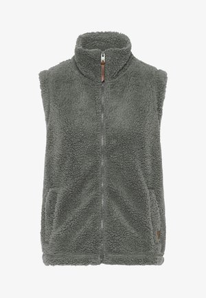 Chaleco de forro polar en gris oscuro con cuello alto, cierre de cremallera y dos bolsillos laterales. Textura suave con un aspecto aterciopelado y detalles de acento en cuero.