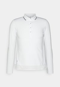 Biała koszulka polo z długim rękawem i kołnierzykiem, wyposażona w pięć guzików oraz siateczkowe wstawki po bokach. Posiada delikatny czarny pasek wzdłuż kołnierza.