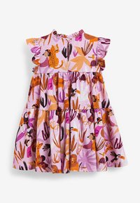 Bunt gemustertes Baumwollkleid mit einem lilafarbenen Hintergrund, tierischen und pflanzlichen Mustern, Rüschenärmeln und einem Knopfverschluss am Hals.